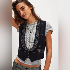 New Free People Maison Hotel Black Lupita Western Embroidered Vest Sz XS